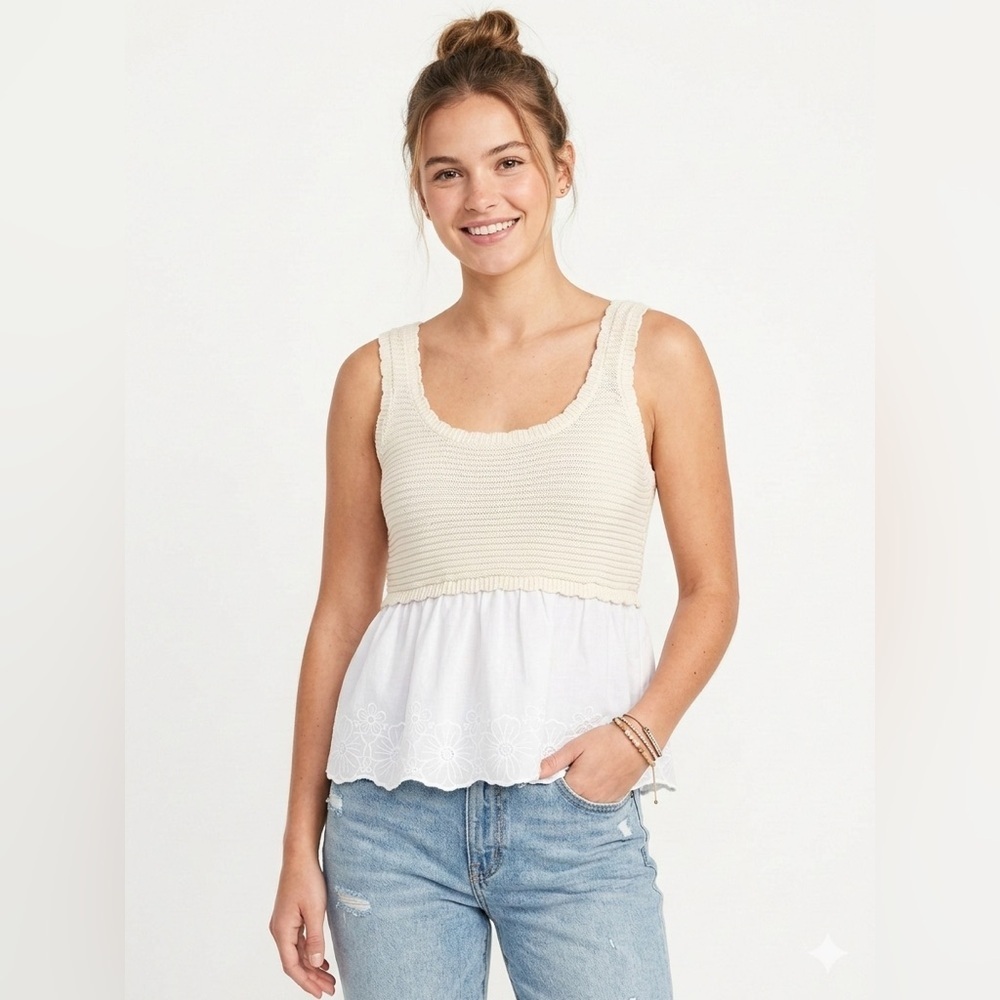 Haute Hippie Knit Peplum Tank Top Cream & White Embroidered Hem Size S